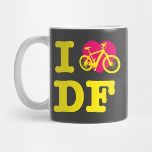 I Love Cycling DF Yellow Pink / Yo Amo andar en Bicicleta en el DF / Chilango Pride / Orgullo Chilango Graphic Mug